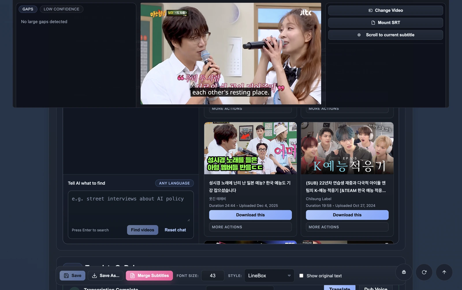 Watching a video with translated subtitles in Translator