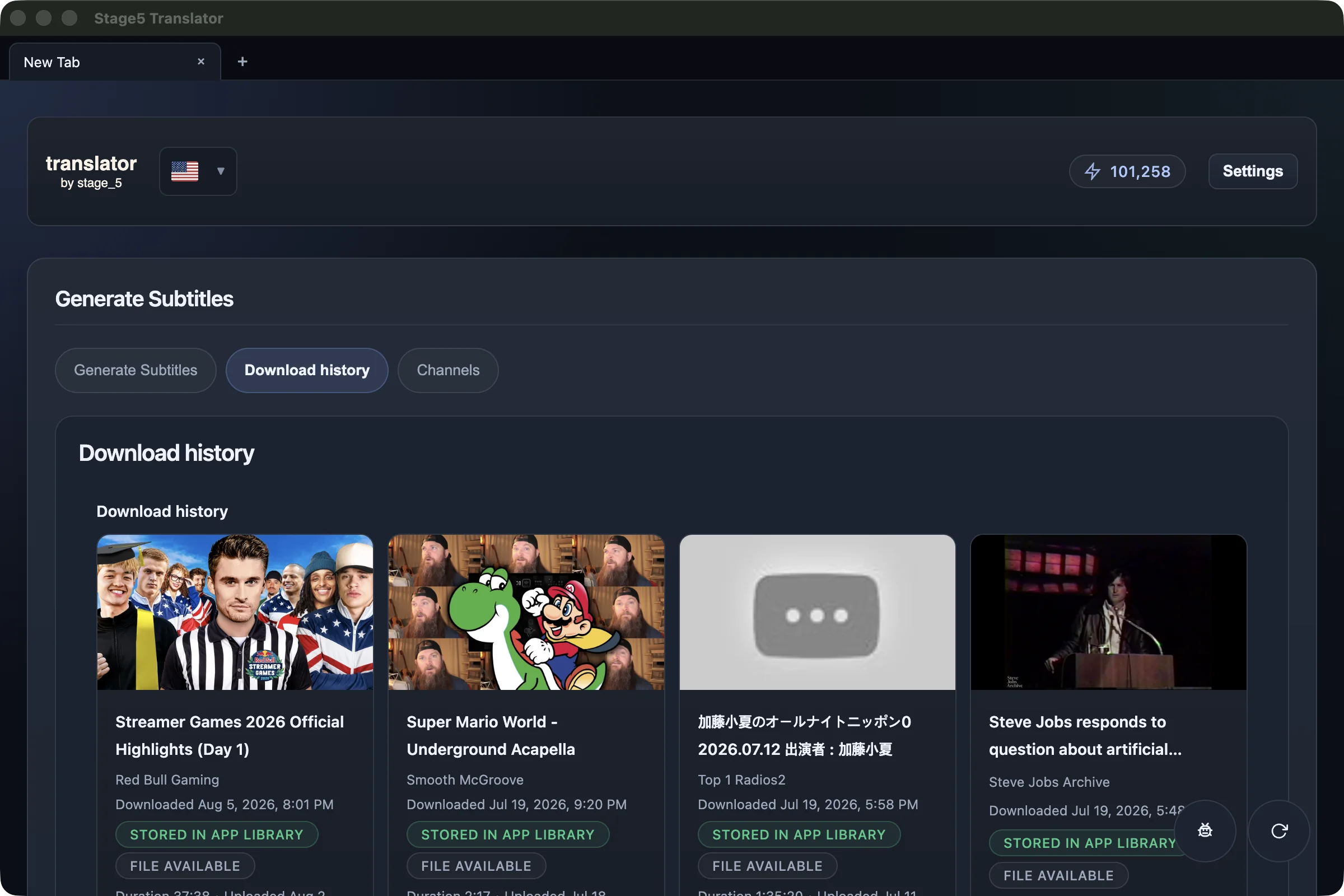 A real Downloads view with saved videos, source details, dates, and local-file status.