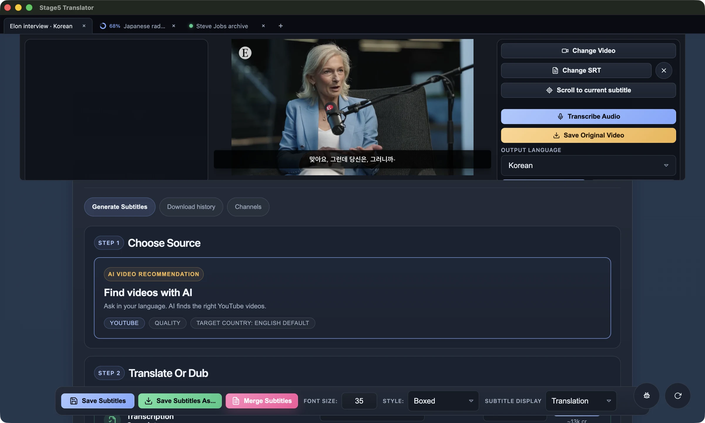 Translator multitab workspace with independent video jobs