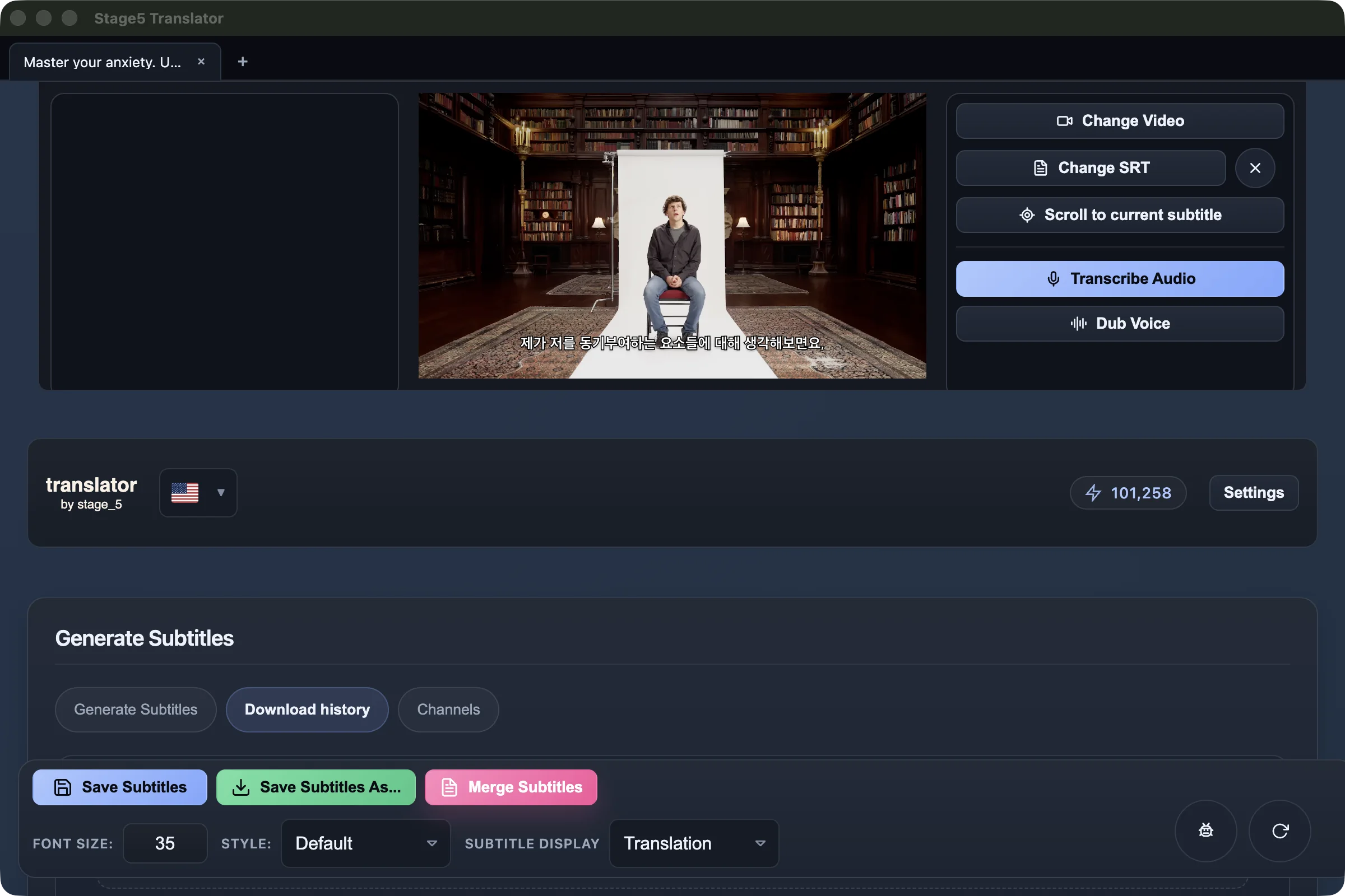 Translator showing one Korean translated subtitle over a video